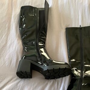 Patent Black Knee Boots with Chunky Lug Block Heel